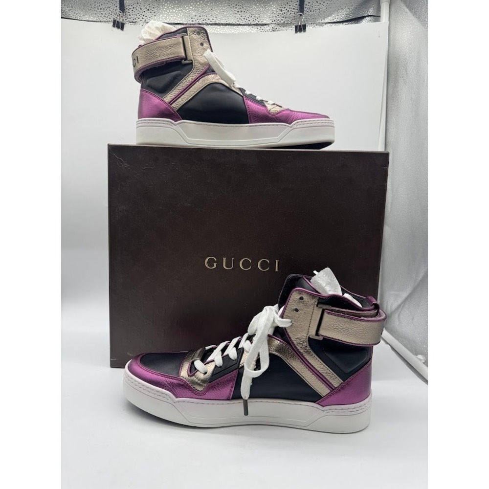 Gucci Women Metallic Purple Gold Black Leather High Top Sneakers Logo Strap Box